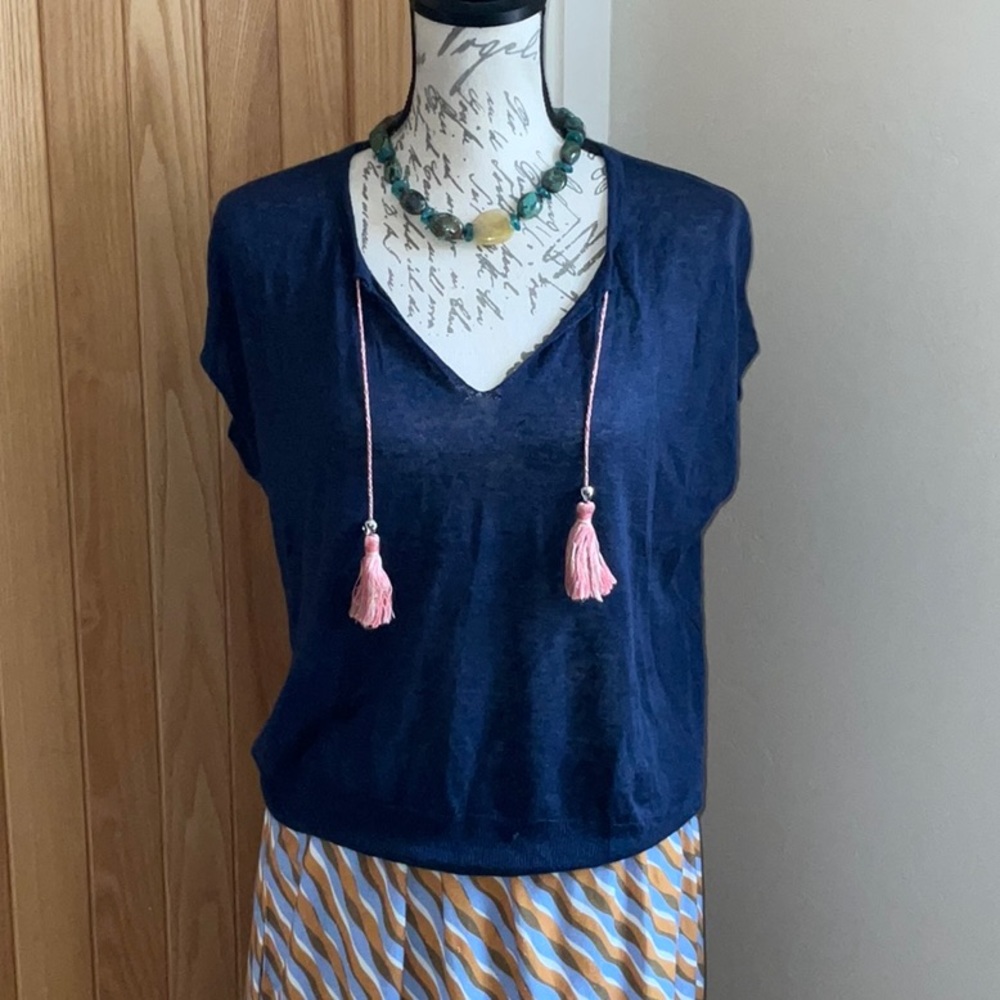 Zadig & Voltaire, Navy, Card, Linen & Silk Knit SS Top W/ Skulls & Tassels XS